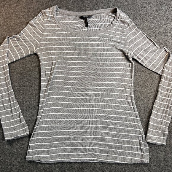 BCBG Long Sleeve Light-Weight T-Shirt Stretch Large Gray White Striped - Picture 1 of 9